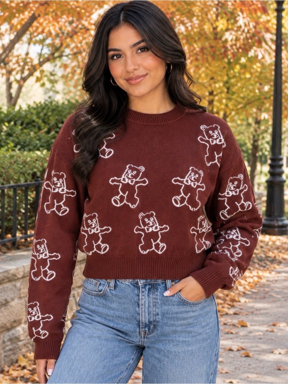 Madden Girl Teddy Bear Sweater Burgundy Brown White Size L Y2K